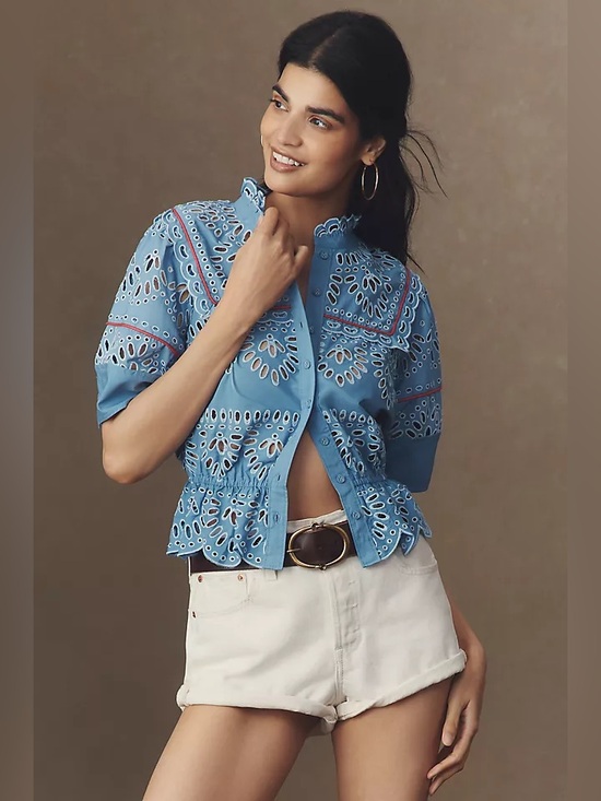 Anthropologie Tops - Anthropologie Maeve Eyelet Buttondown Peplum Blouse NWT